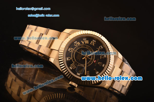 Rolex Sky-Dweller Asia 2813 Automatic Gold Case/Strap with Black Dial and Roman Numeral Hour Markers - Click Image to Close